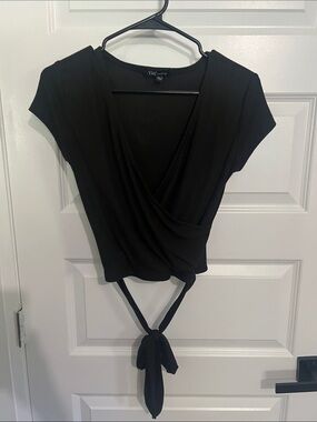 309 - YMI Black Short-Sleeve Wrap Tie-Front Crop Top